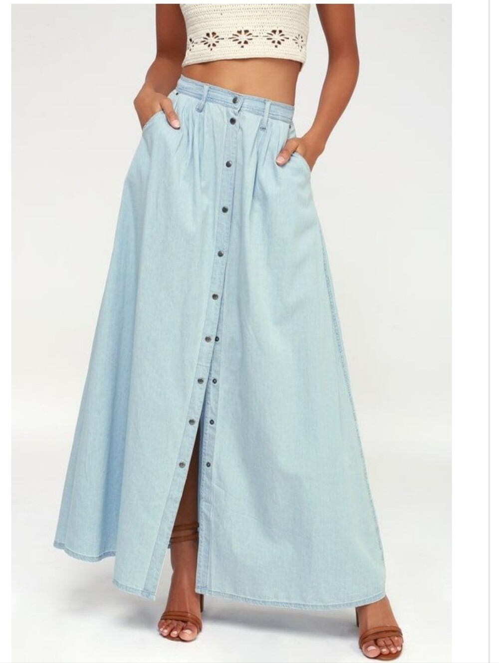 pistola Light Blue Button-Front Denim Maxi Skirt with Pockets